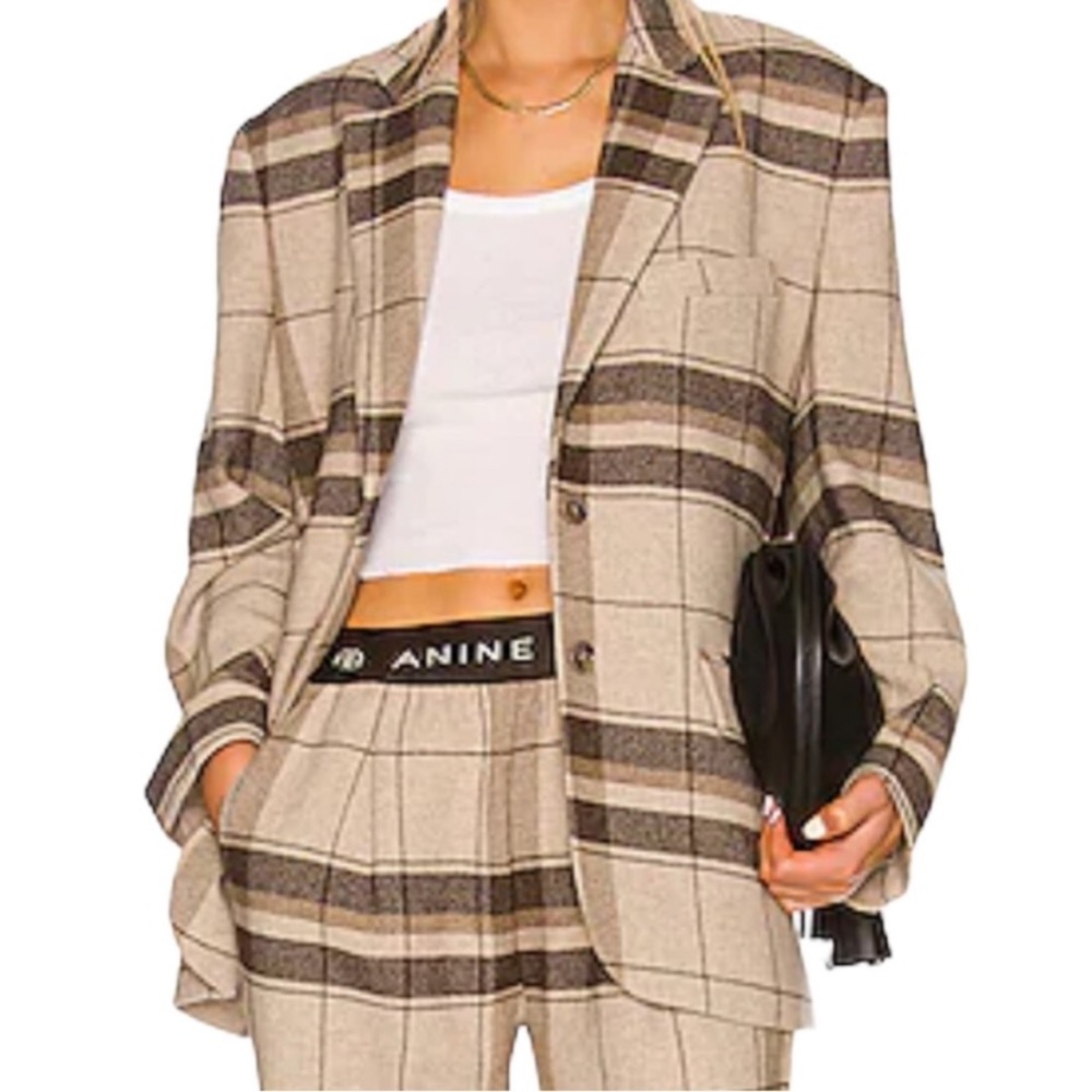 NWT Anine Bing Quinn Oversized Plaid Wool Blazer Khaki Plaid Large